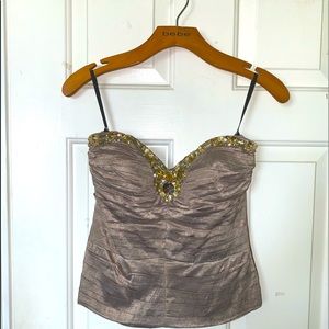 Taupe ruched corset top w/jewel stones aligned on heart shape top. Bebe XS